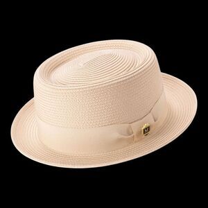 MONTIQUE MEN'S SOLID BEIGE STRAW PORK PIE HAT. H95